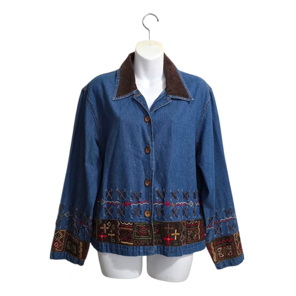 Tantrum Blues Vintage Denim Leather Accent Embroidered Beaded Shirt Sz M